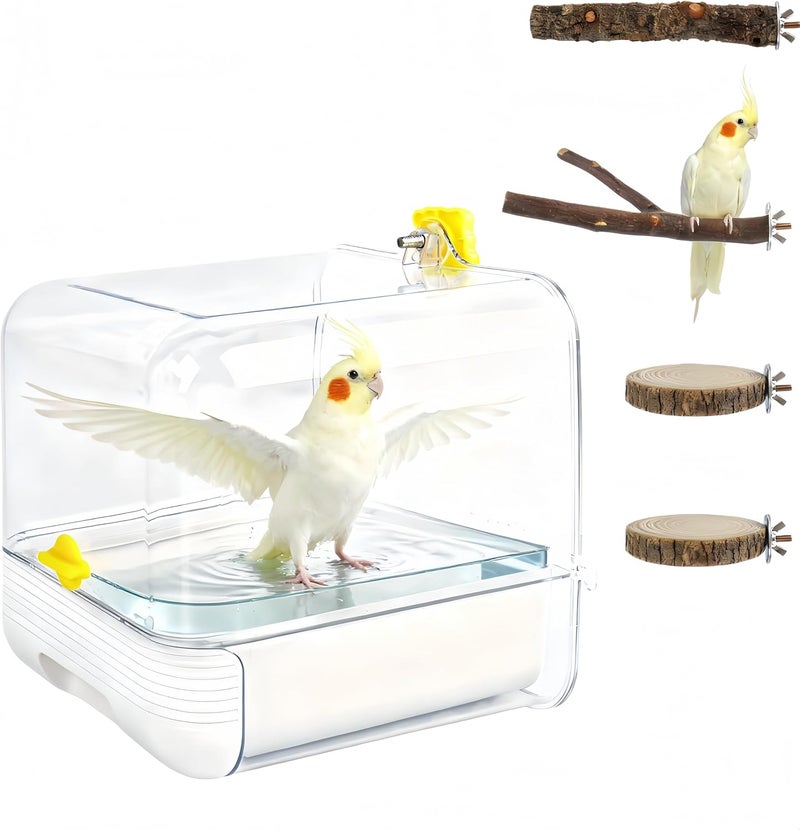Dmnnlp Hanging Bird Bath for Cage, with Wood Perches, Bird Cage Accessories for Small Medium Birds Lovebird, Parakeet, Cockatiel, Essential Bird 7.3" x 7.3" x 8.2" (White) - Image 1